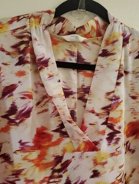 Terra & Sky V-Neck Blouse in Burgundy, Orange & Yellow Watercolor Print